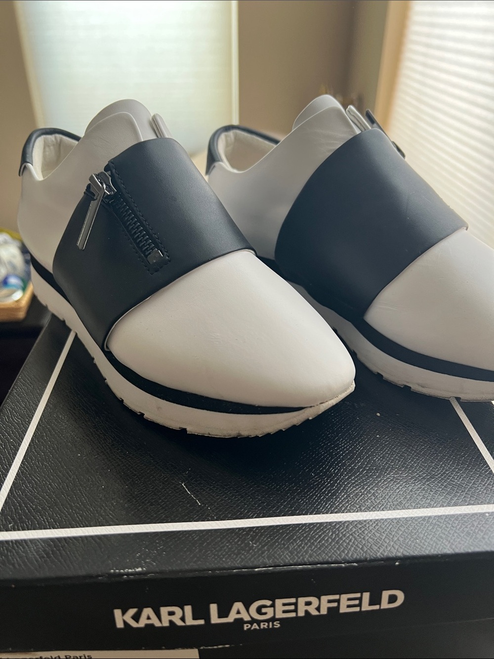 Karl Lagerfeld White and Black Leather Slip-On Loafers with Zipper Detail
